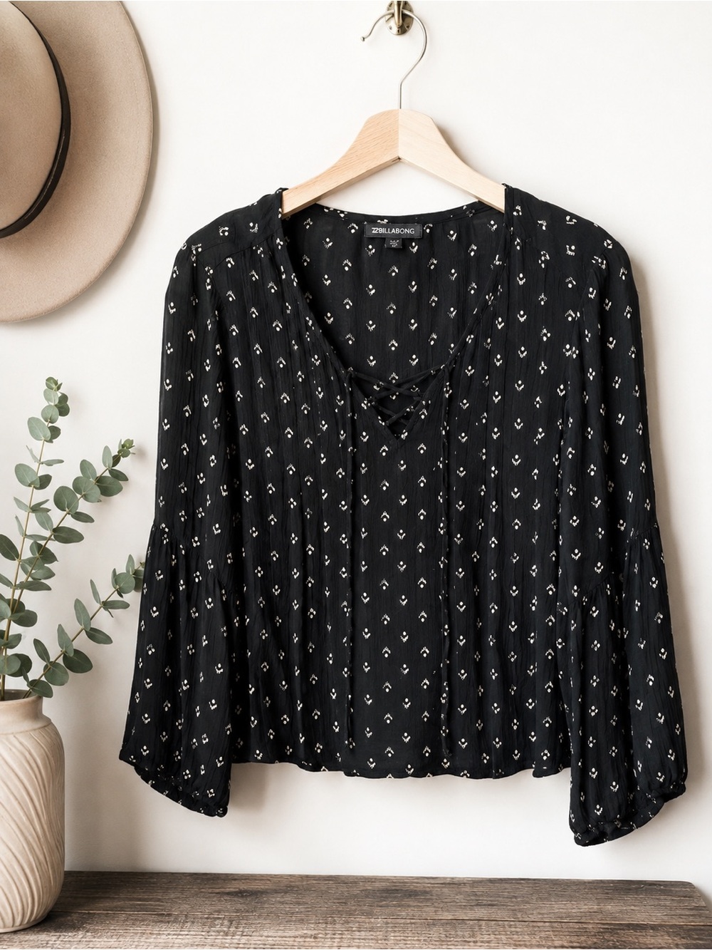 Billabong Black Printed Lace-Up Blouse Size S